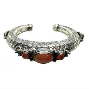 Vintage Israeli Carnelian Cuff Bracelet Sterling Silver 925 Yemenite Judaica